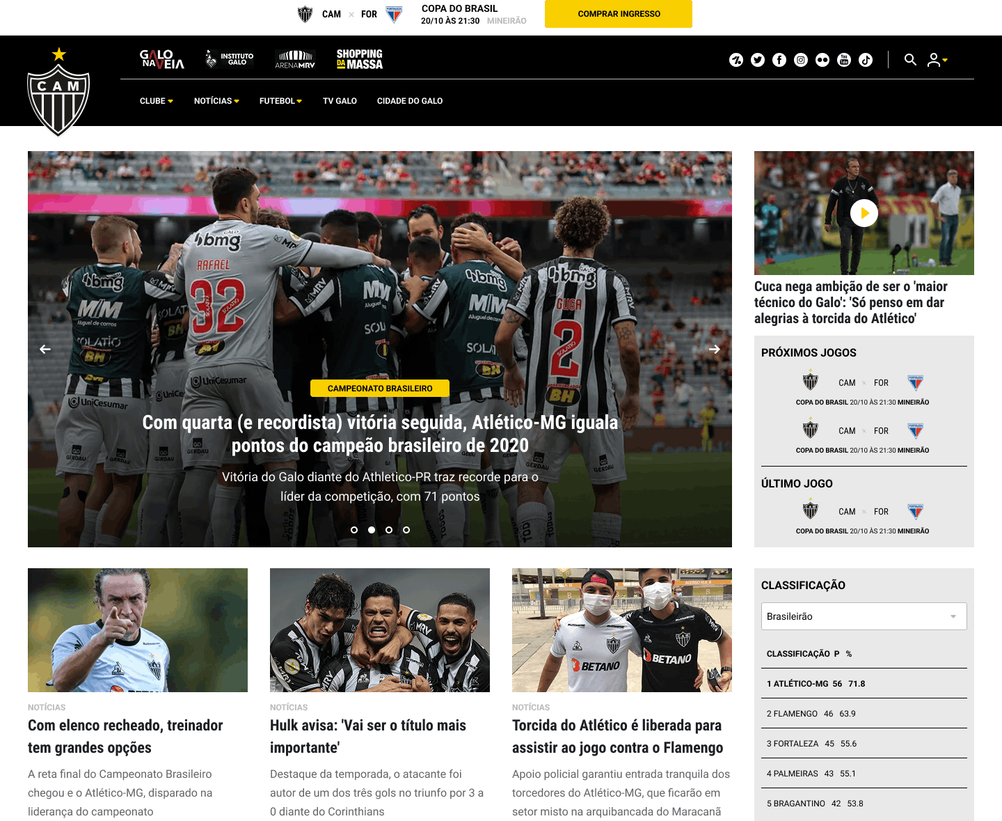 Atlético-MG sports news homepage showing a large featured news slider, navigation menu, video highlight, upcoming matches panel, league standings, and a grid of latest articles.