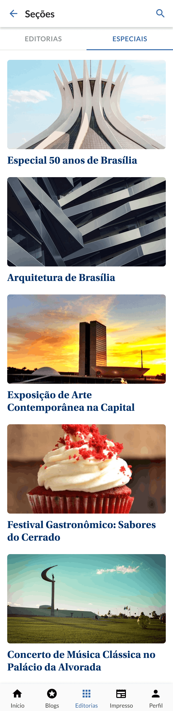 Special sections screen with large image cards and curated content titles.