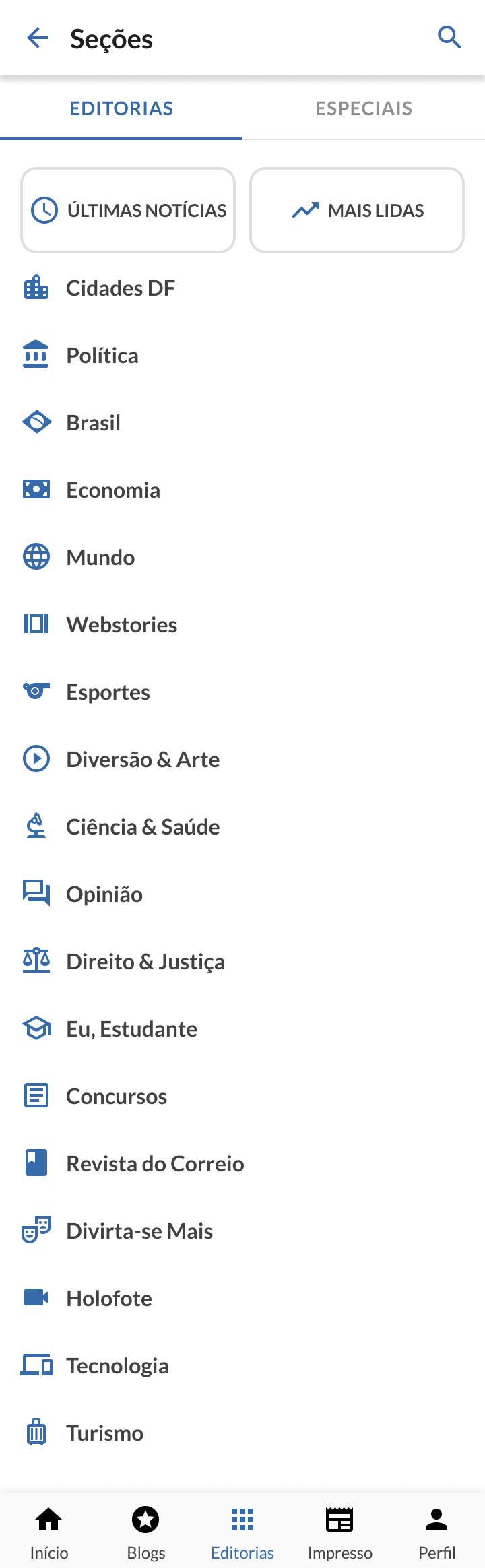 Sections menu screen showing a list of editorial categories with icons such as politics, economy, world, sports, and technology.