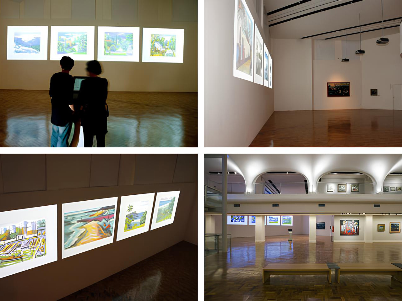 Large-scale projection setup displaying Inimá de Paula artworks in a museum environment using multiple projectors across a wide panoramic screen.