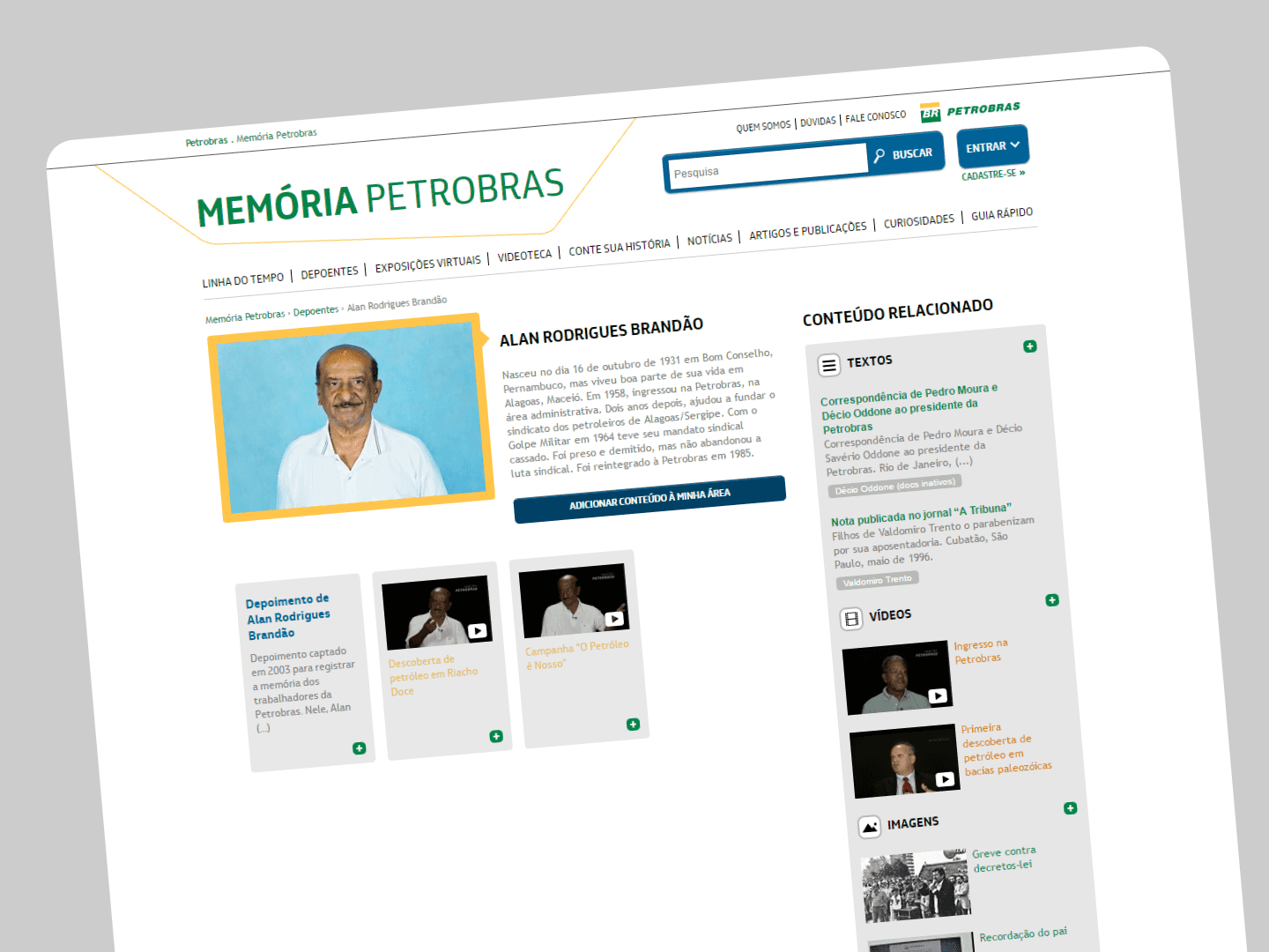 Testimonial detail page featuring Alan Rodrigues Brandão with biography, related content, and multimedia materials from the Memória Petrobras archive.