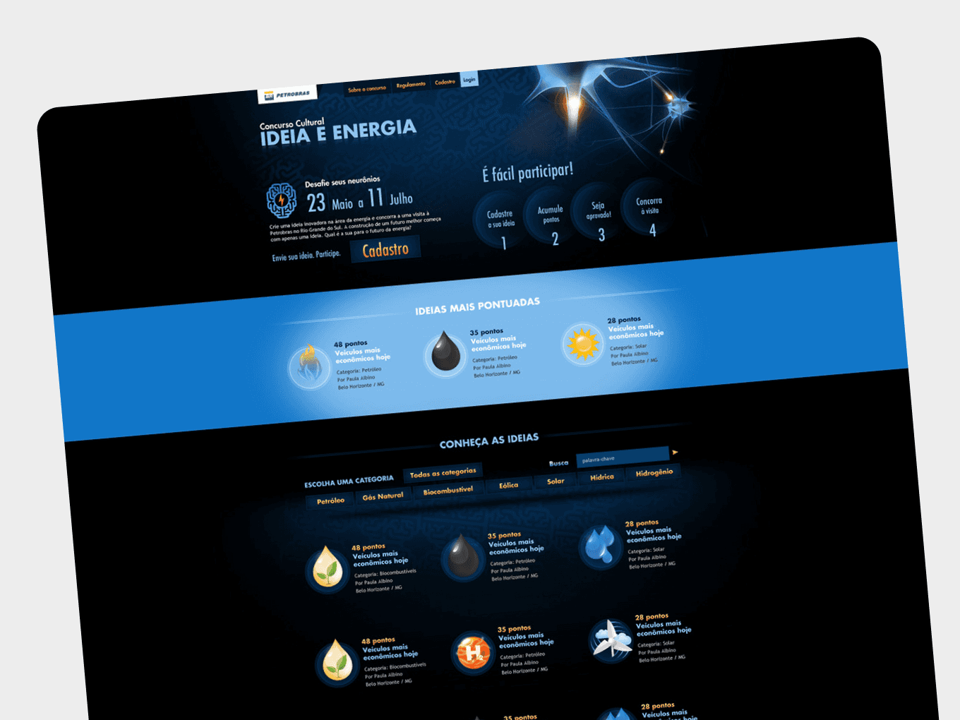 Hotsite homepage presenting the Ideia e Energia contest with featured submissions, calls to action, and navigation to participate or explore ideas.