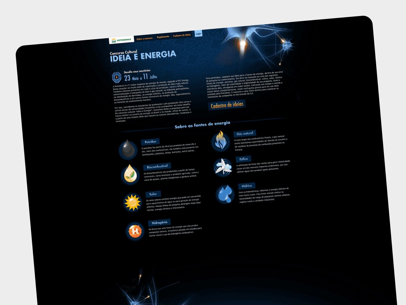 About page explaining the Ideia e Energia contest, eligibility for students, timeline, and evaluation criteria based on social engagement.