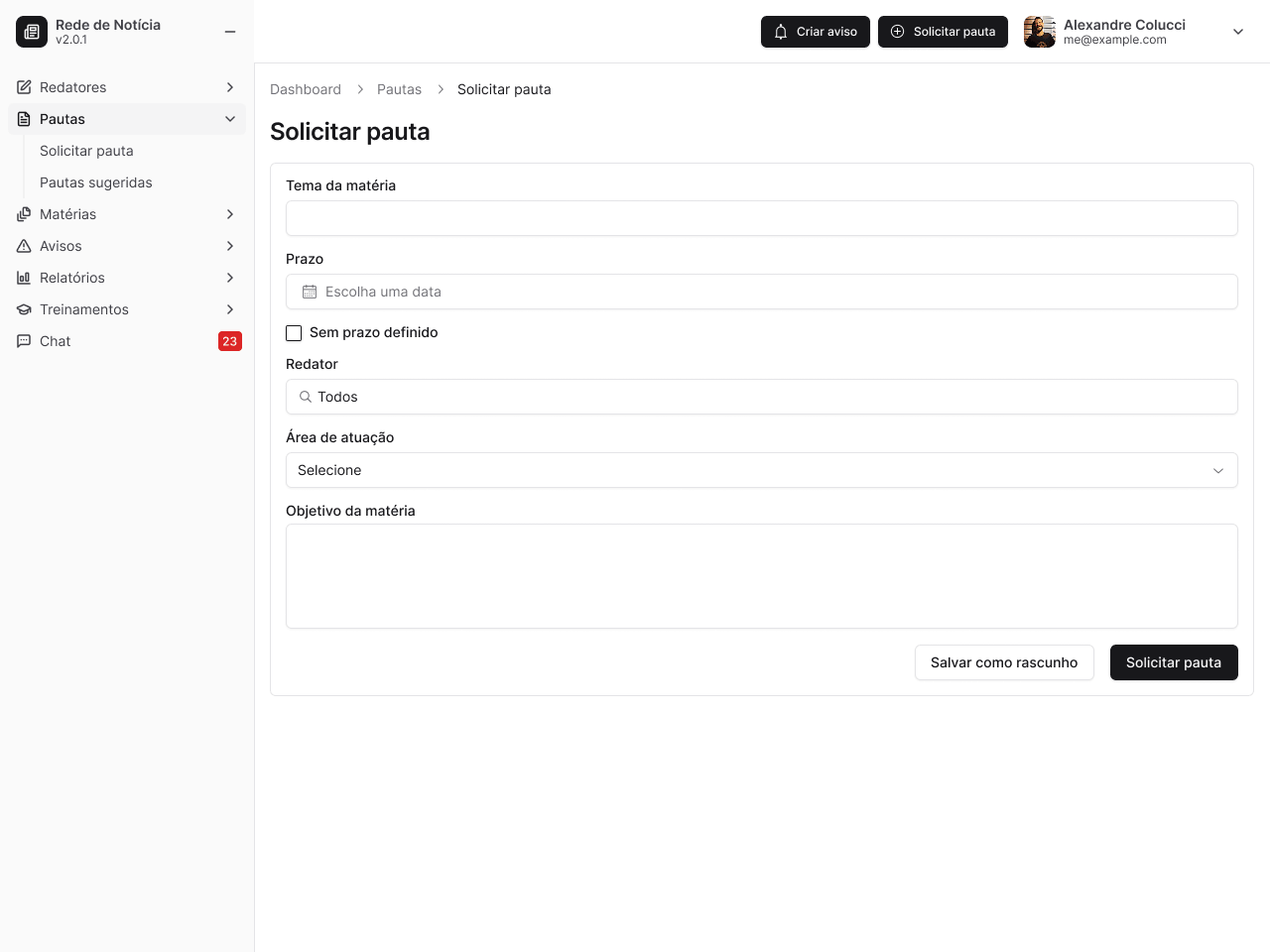Screen to request a new editorial pitch in the editor dashboard