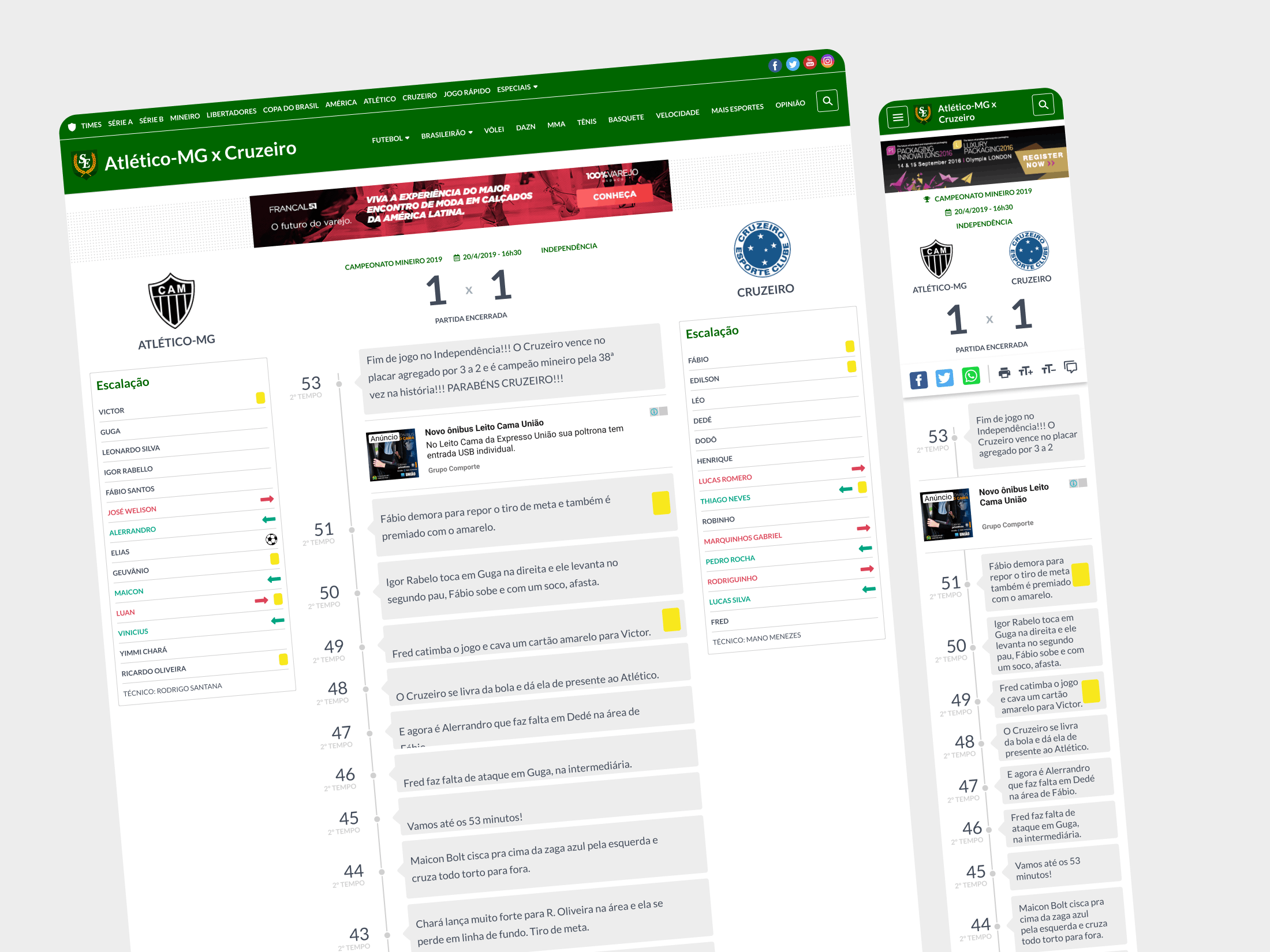 Superesportes live match page with real-time timeline, lineups, and responsive mobile layout.