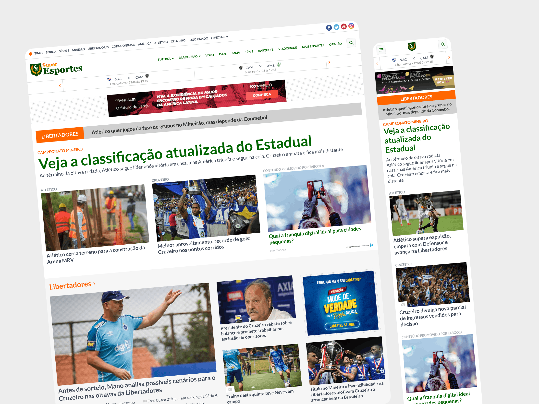 Superesportes homepage featuring sports news highlights, category navigation, and responsive mobile layout.