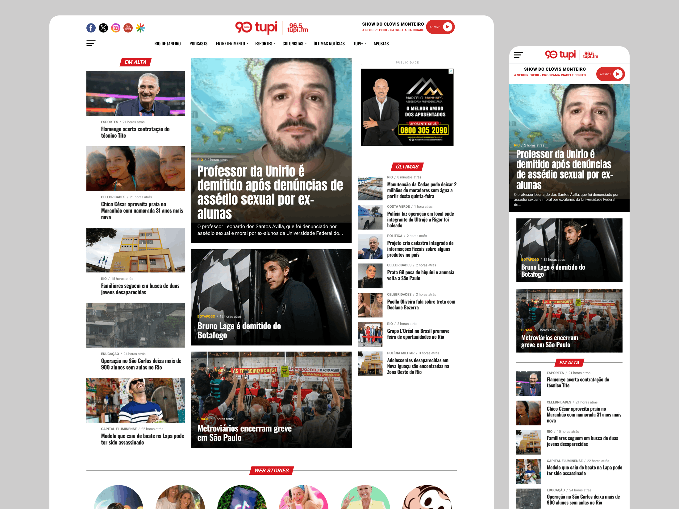 Tupi FM homepage redesign on desktop and mobile showing featured headlines, breaking news sections, radio program highlight, and editorial content blocks.