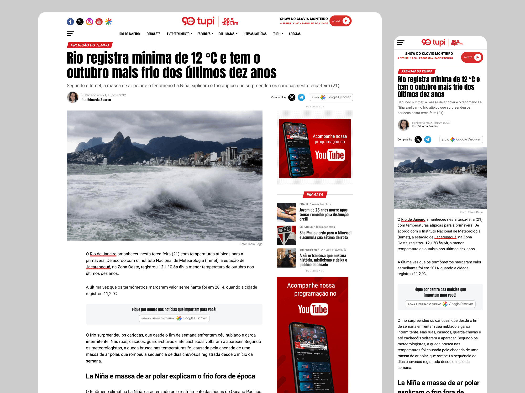 Tupi FM news article page on desktop and mobile showing headline, author information, featured image, article content, and sidebar with trending news and radio promotion.