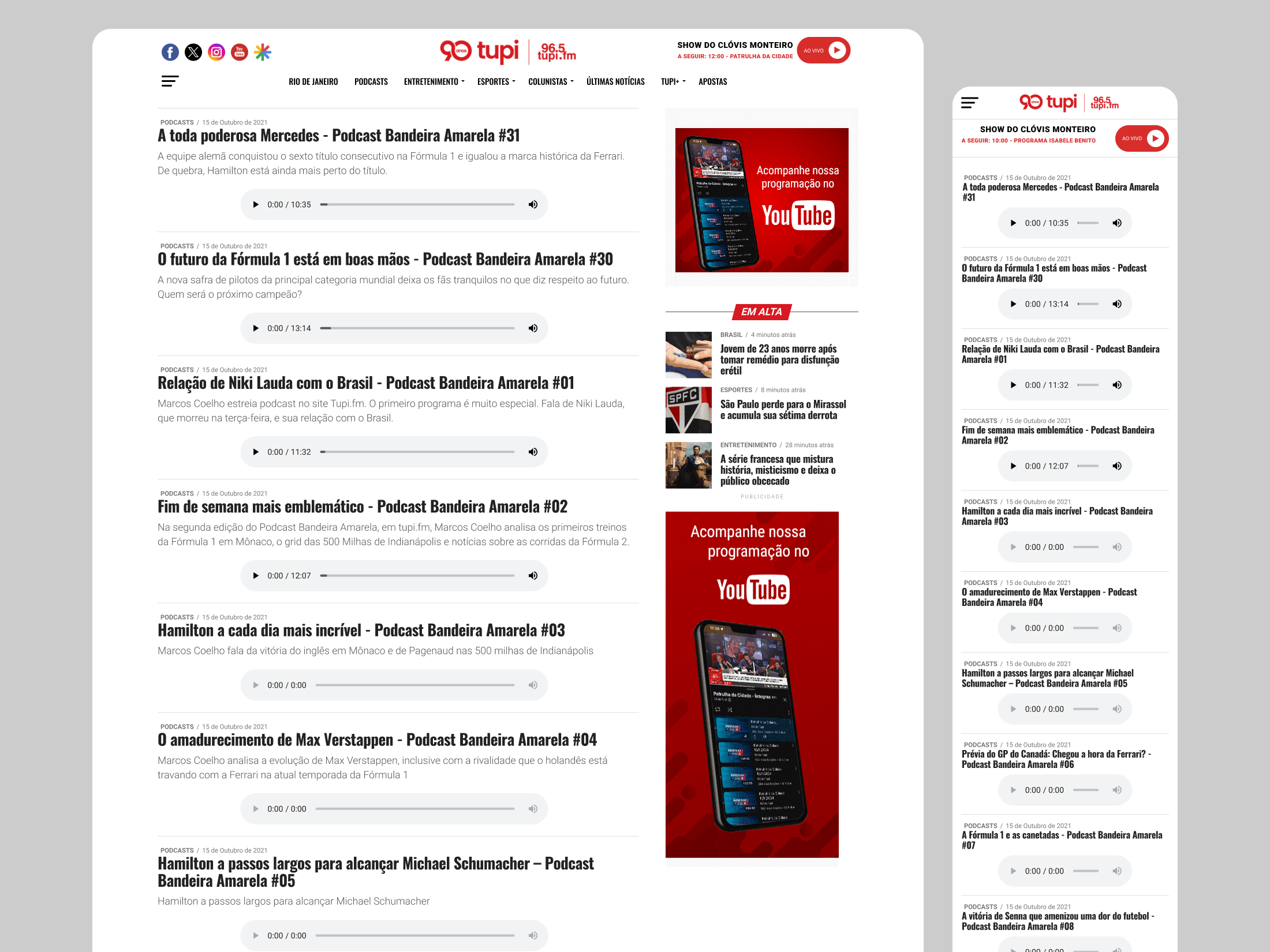 Tupi FM podcasts listing page on desktop and mobile showing episode titles, descriptions, audio players, publication dates, and sidebar with trending news and promotional banners.