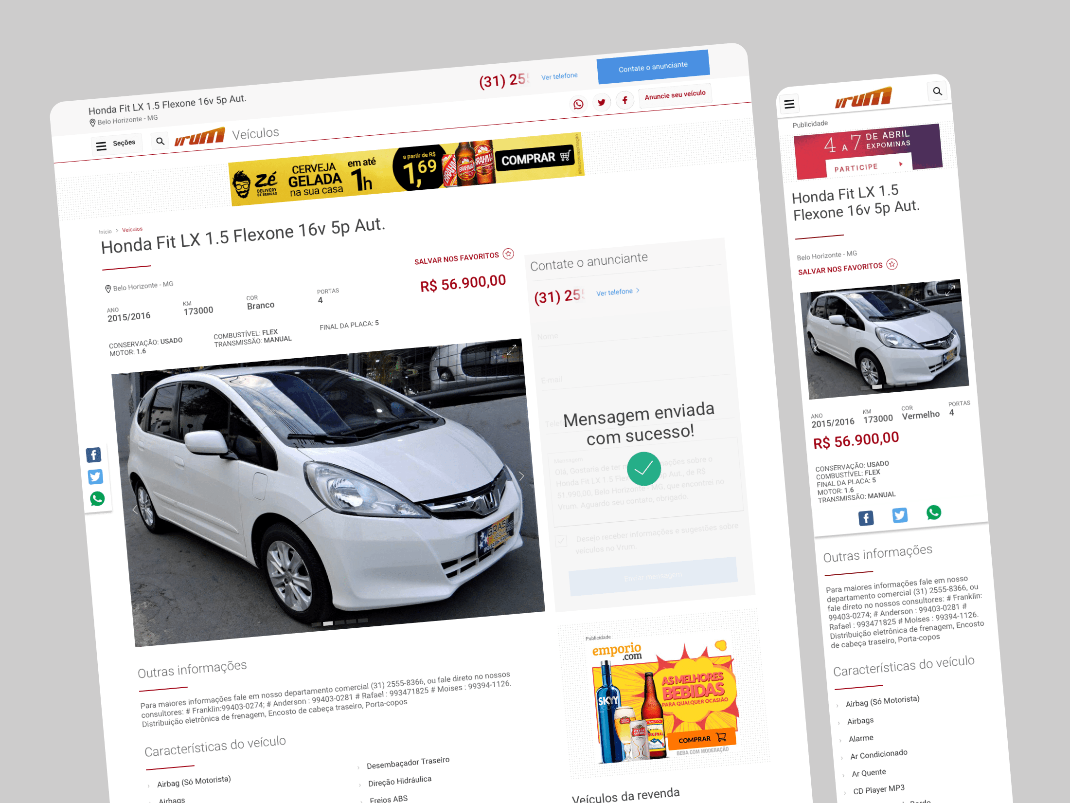 Vehicle detail page showing car gallery, price, specifications, seller contact form, and related listings.