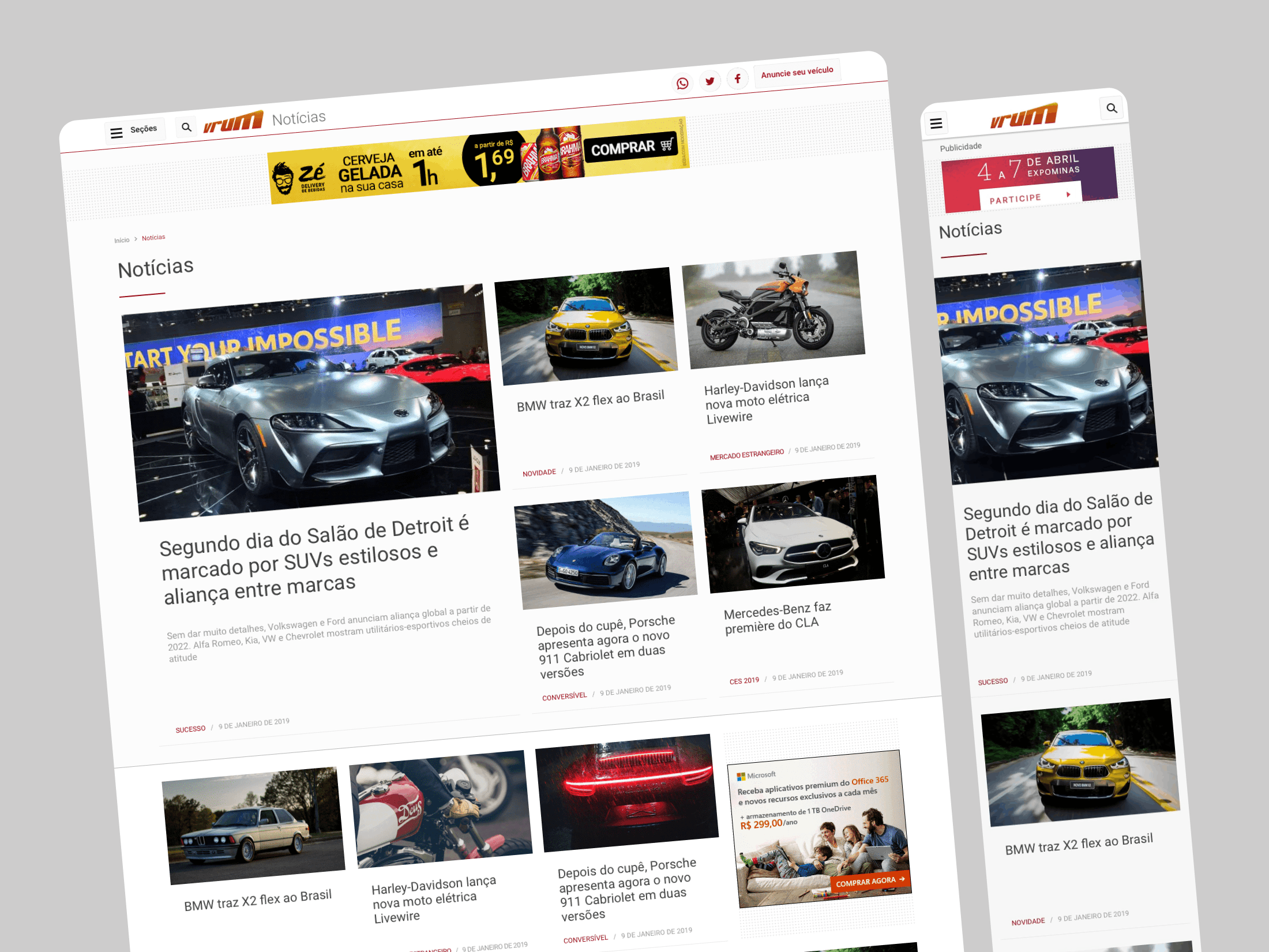 Automotive news page showing a grid of news articles with featured headline, thumbnails, and category tags.